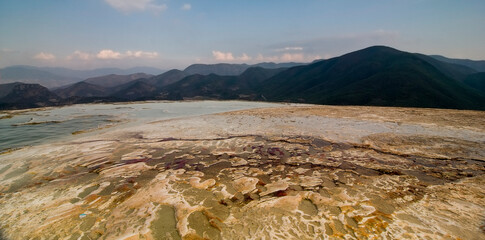 Panoramic view of a naturally petrified waterfalls in Oaxaca, Mexico