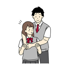Illustration of a student couple hugging, upper body.