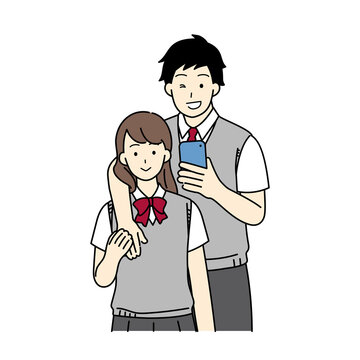 Illustration of a student couple shooting while hugging.