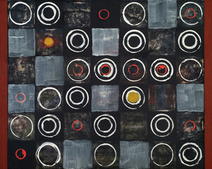 An abstract painting; a grid of stamped circles on a dark background