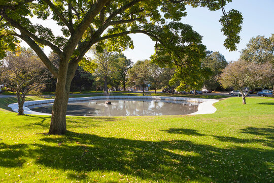 Small Town Park Green With Fountain In Massachusetts 