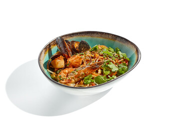 Japanese soba with seafood cooked on wok in asian style on white background. Noodle seafood in ceramic bowl. Indonesian wok with prawn, mussels and soba noodles. Spicy thai dish with shrimp and udon.