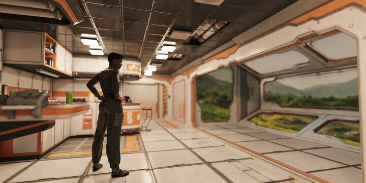 African woman in futuristic building