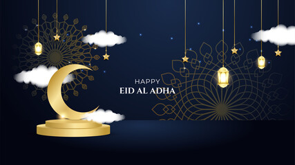 Obraz na płótnie Canvas Eid Al Adha Mubarak background Vector illustration, Beautiful mosque with Arabic lanterns, Muslim community festival.