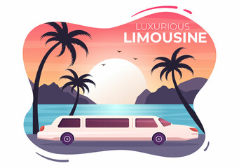 Limousine Car with Sunset or Sunrise Views on the Beach in Flat Cartoon Illustration