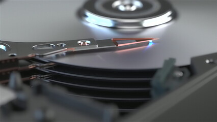 Write information to your computer's hard drive, close-up. 3D rendering.