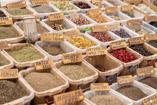 Traditional eastern market with different teas and seasonings