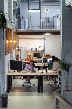 Diverse colleagues working in modern office with personal computers