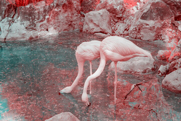Pink flamingos, infrared photography