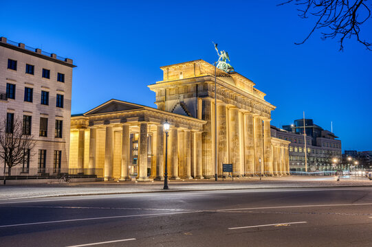 The backside of the famous Brandenburg Gate in Berlin at dawn
