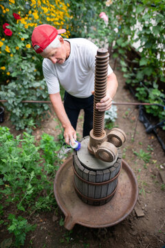 Mature Gardener Cleaning Wooden Winepress