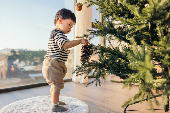 baby boy decorating Christmas pine