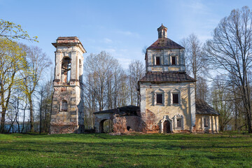 The ruins of the ancient church of the Kazan Icon of the Mother of God (1733) on a sunny May day....