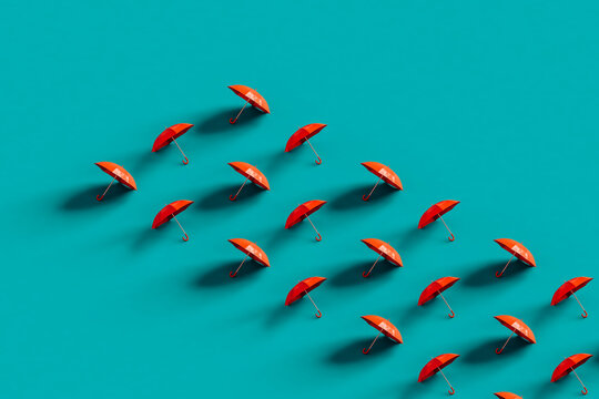 3d render of red umbrellas in row