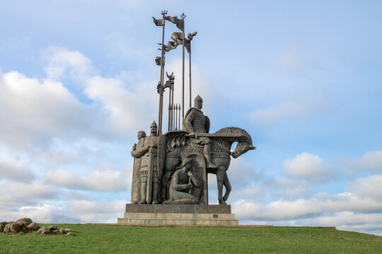 PSKOV, RUSSIA - MAY 08, 2022: Monument "Ice Battle" on a May morning. Sokolikha Mount