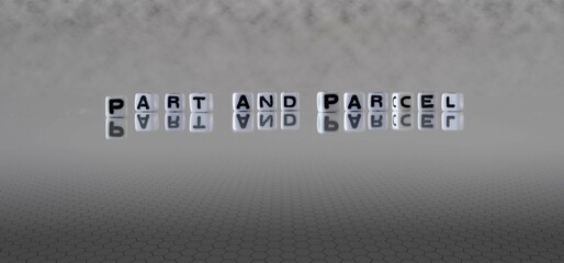 part and parcel word or concept represented by black and white letter cubes on a grey horizon...