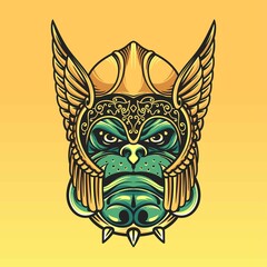 Head dog mascot logo valkyrie angelic viking helmet vector illustration