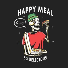 Skeleton eating pizza vector illustration