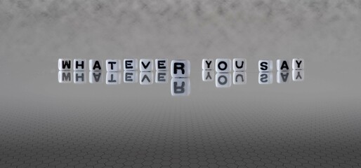 whatever you say word or concept represented by black and white letter cubes on a grey horizon...