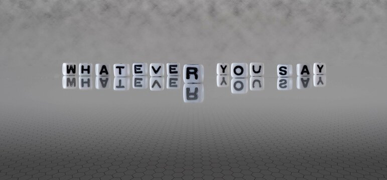whatever you say word or concept represented by black and white letter cubes on a grey horizon background stretching to infinity