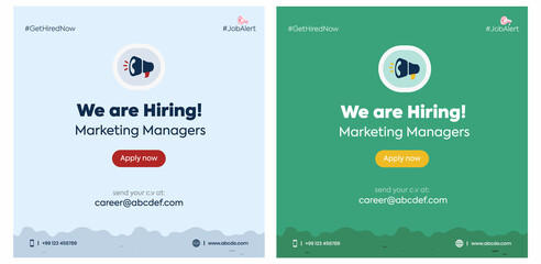 We are hiring. We are hiring marketing managers announcement post with megaphone. Marketing manager job vacancy announcement post with two different background color. career opening. apply now. poster