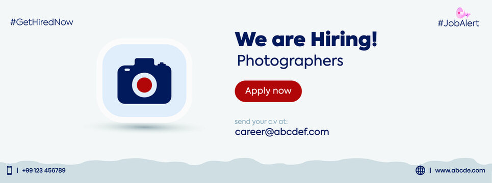 We are hiring photographer. We are hiring announcement Facebook cover. Photographer recruitment cover with camera. job announcement cover post. Camera Icon. Cover Photo Template. Website banner