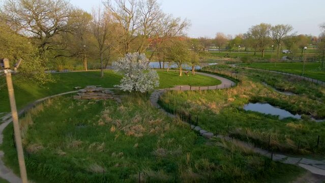aerial drone view of a local park in Chicago westside during a beautiful evening. the natural green environment and clear water is great for tourism sightseeing