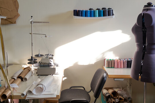 workplace of a seamstress in a dress atelier 