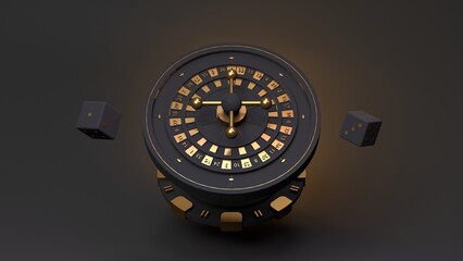 Roulette with gold elements, playing chip and black dice. Black casino elements with gold inserts....