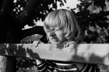 energetic kid on a tree house in a tree shadow 