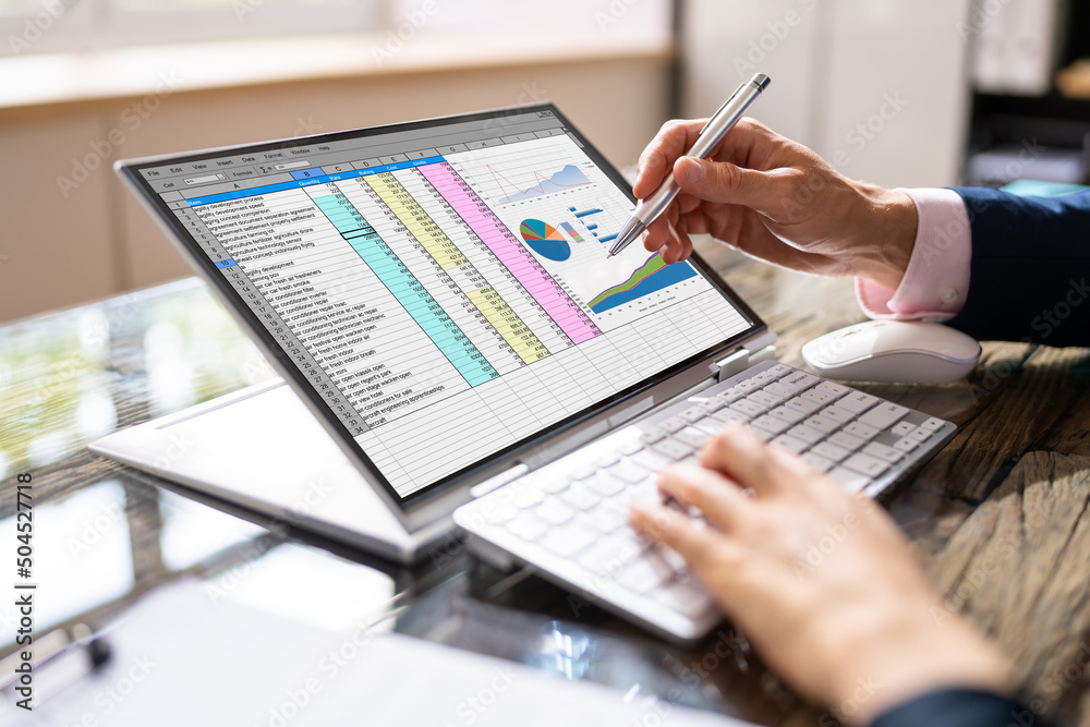 Poster analyst employee working on spreadsheet