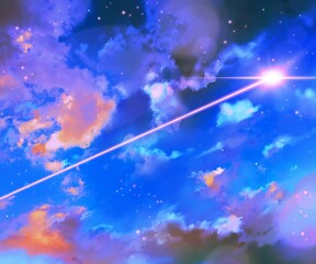 光り輝く流星と雲が漂うファンタジー背景イラスト, © NORIMA