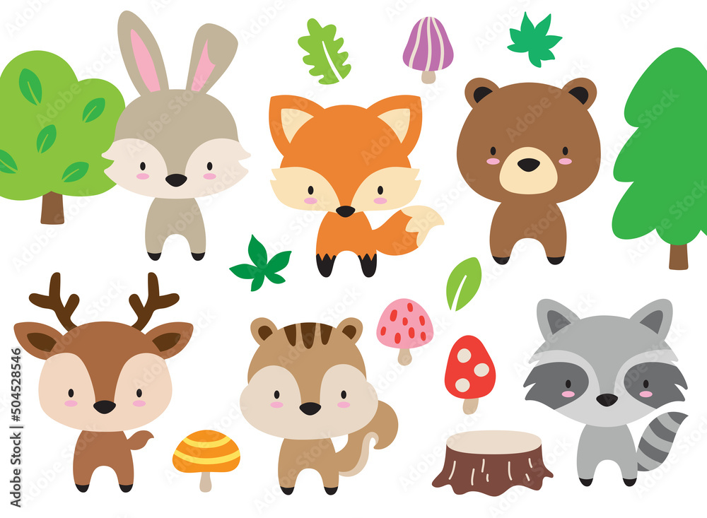 Wall mural cute woodland forest animal set including a bear, fox, rabbit, deer, squirrel, and raccoon vector il