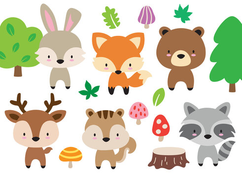 Cute woodland forest animal set including a bear, fox, rabbit, deer, squirrel, and raccoon vector illustration.