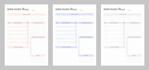 Cute kids daily planner. Kids daily planner template. Kids schedule design template. Kids notebook page template. Collection of daily planner cute kids. School scheduler and organizer.