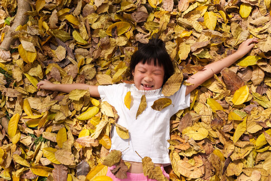 child playing with golden leaves