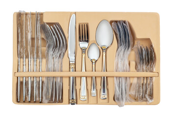 Stainless steel cutlery in box. Isolated on white.