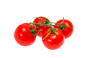Cherry tomatoes isolated over white background. Vine stem with red tomatoes.