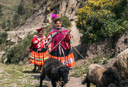 Peruvian women in traditional clothing in the countryside