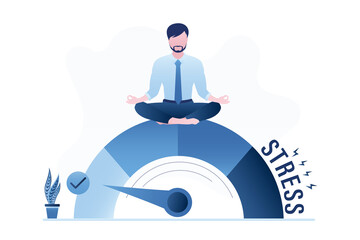 Stress test, employee relaxing without psychological pressure. Male clerk is calm and mentally healthy. Businessman sitting in lotus yoga pose on measuring scale. Break time.