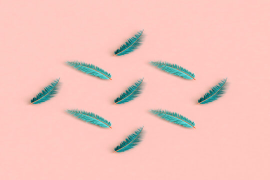 3d Rendering Of Set Of Blue Feathers