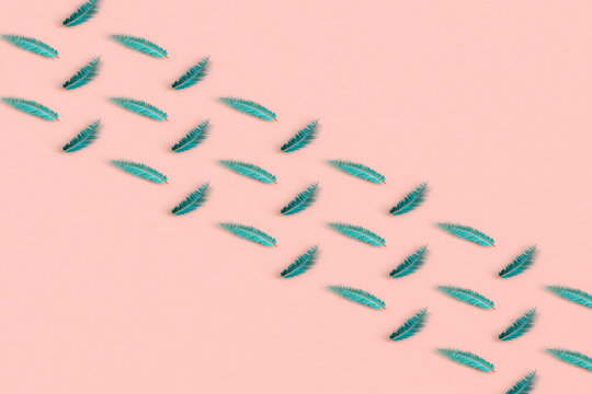 rows of pink feathers on pink background with copy space