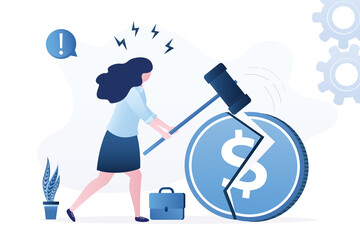 Confident businesswoman using hammer and breaks dollar coin. Refusal to Use US Currency. Lack of dependence on foreign currency. Financier or trader does not invest in currency.