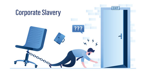 Unhappy clerk is chained to chair, overwork. Burnout at work. Businessman tries to crawl away to office exit. Business stress. Dissatisfaction with job. Corporate slavery, concept.