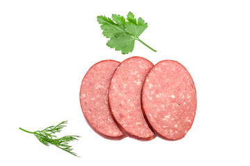 Salami sausage slices with herbs and peppers, top view, isolated on white background.
