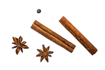Cinnamon stick and star anise isolated on white background close up. canella seasoning. Background of fragrant seasoning. Flat lay, top view.