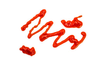 Red ketchup splashes isolated on white background, tomato pure texture