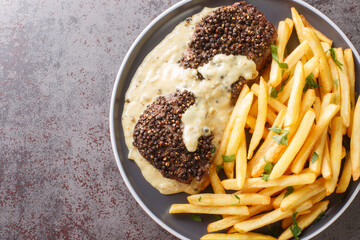 Roasted Steak Au Poivre and rich Cognac sauce served with french fries close-up in a plate on the table. Horizontal top view from above