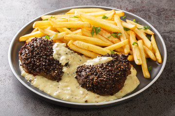 Steak au Poivre with Cognac Cream Sauce and french fries close-up in a plate on the table. Horizontal