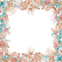 Watercolor tropical frame with dried palm leaves and flowers Hand-painted exotic illustration